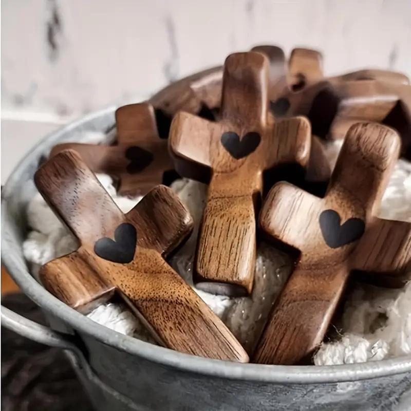 Wooden Cross Charm, 2 Counts/set Heart Pattern Wooden Cross Ornament, Encouragement Gift for Friends, Party Favors for Birthday Wedding, Heart Design Charm