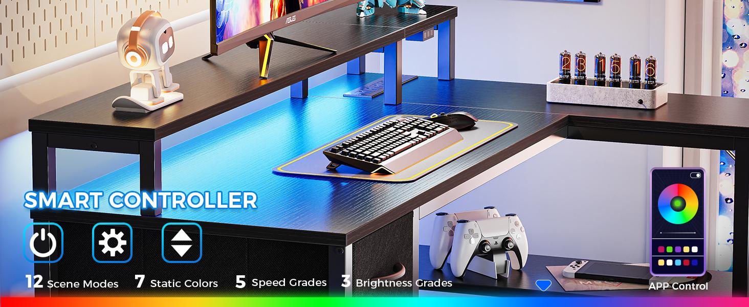 47 inch L Shaped Gaming Desk with LED Lights & Power Outlets, Reversible Computer Desk with Shelves & Monitor Stand, Corner Desk with Drawer, for Home & Office, Black