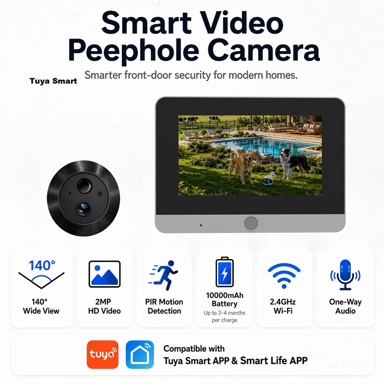 Tuya Doorbell Camera, 5 Inch LCD Screen, 2mp HD Camera, One-Way Audio, Rechargeable 10000 mAh, Only 2.4GHz WiFi, PIR Motion Detection Tuya App Alert,940nm No-glow IR Night Vision, Multi-mode Video Peephole Camera.