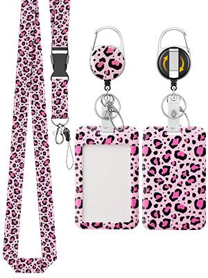 Fashionable Sliding Badge Holder Pink Leopard Print Plastic Card Holder with Retractable Badge Reel Carabiner & Detachable Lanyard Vertical Card Protector for Office Worker Teacher Student