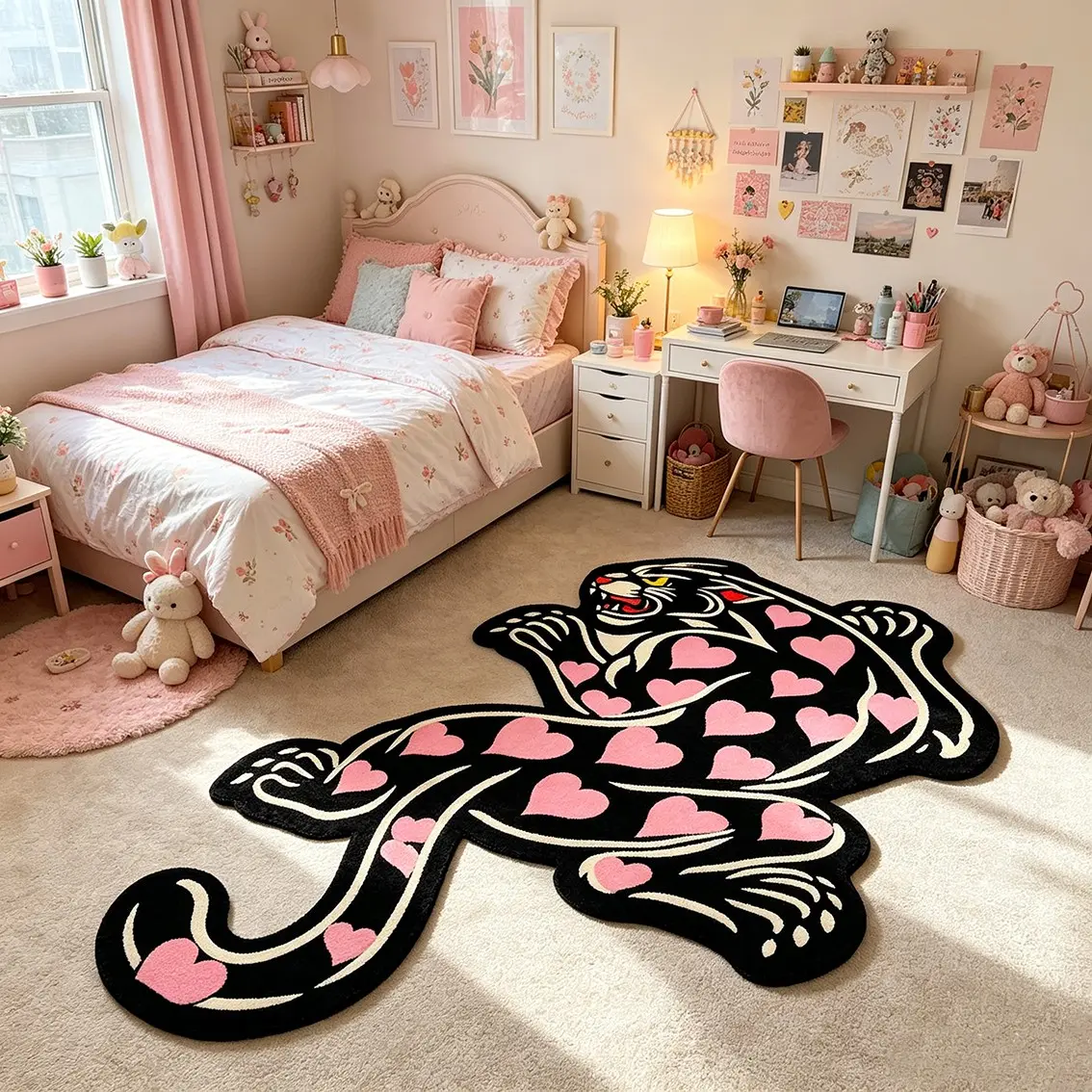 American tattoo style Black Panther Love Art Alien Carpet Soft, skin friendly plush material Bedroom Bedside Decoration Floor Mat Small, Sweet, Cool Atmosphere Soft Decoration