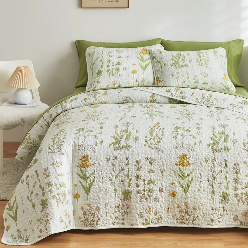 3-Piece Reversible Plant Print Botanical Quilt Set, Full Queen Soft Microfiber Yellow Flowers Garden Bedding Set for Living Room, 3 Pieces