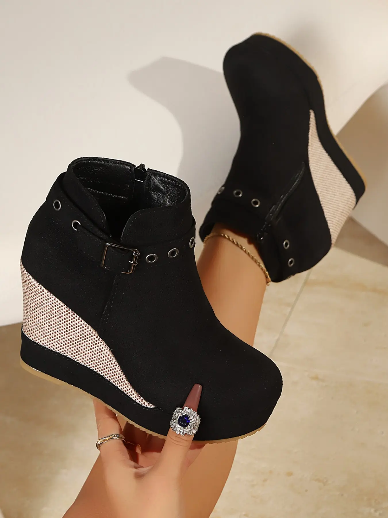Women's Round Toe Chunky Heel Short Boots, Rhinestone Fringe Strap Waterproof Platform Thick Sole Ankle Boots, Elegant Autumn Winter High Heels