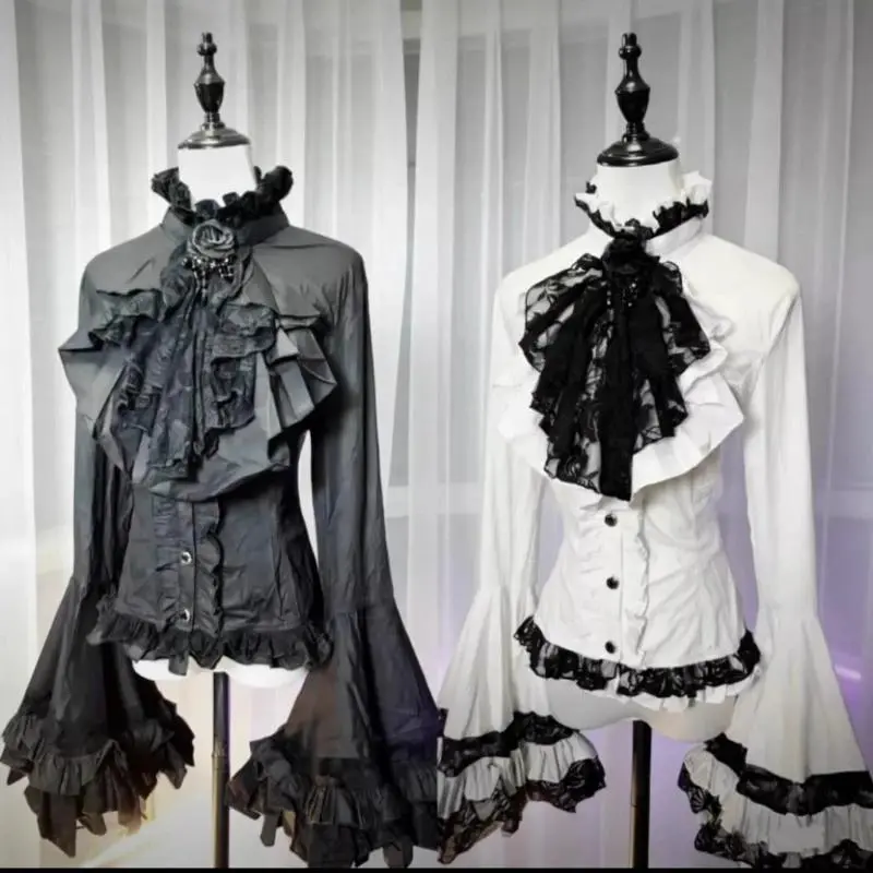 Spring Vintage Gothic Lolita Style Shirt Women Elegant Lace Ruffles Flare Long Sleeve Blouses Y2k Aesthetic Punk Subculture Tops