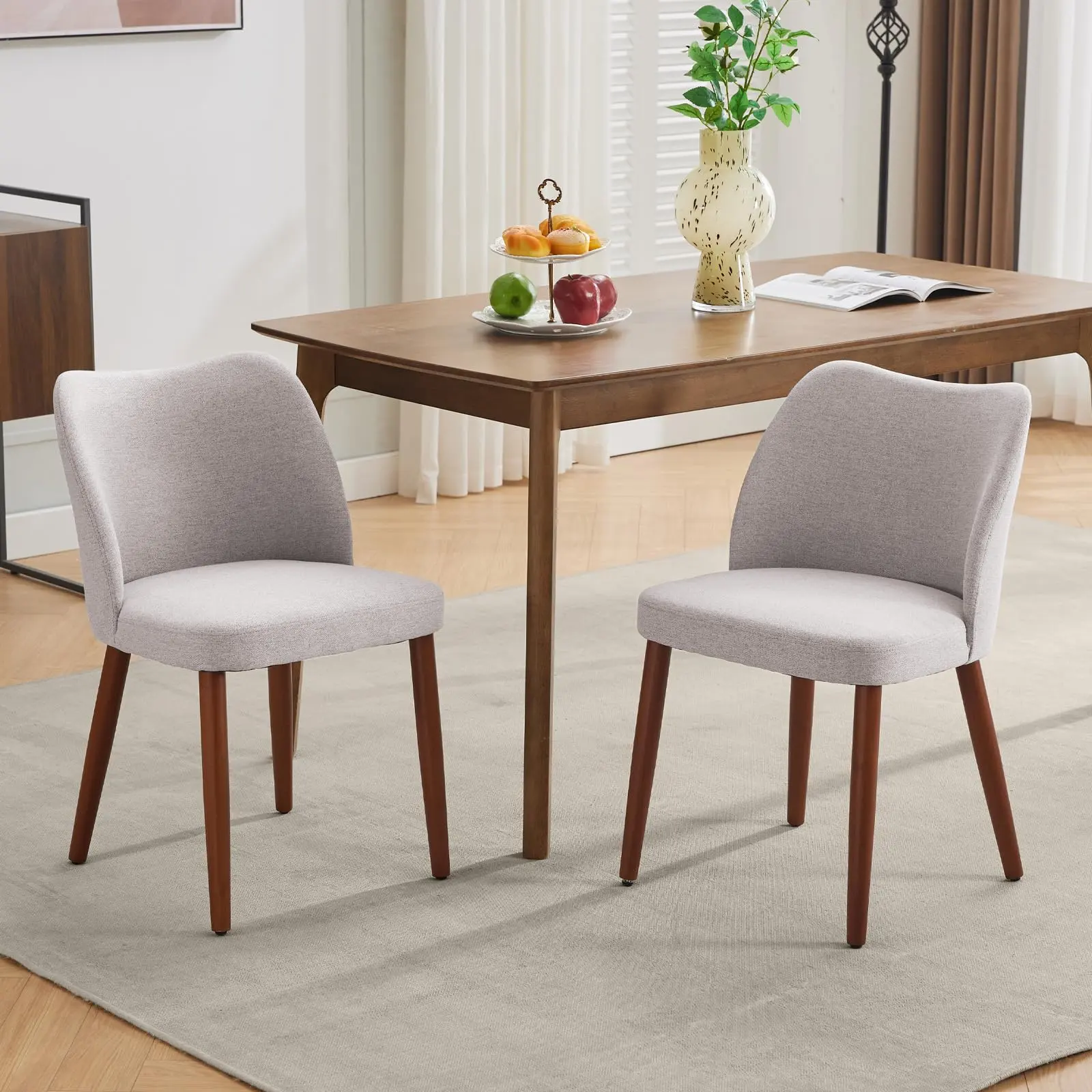 Garvee Linen Dining Chairs Set of 2, Upholstered Fabric Kitchen Chairs with Wing Backrest, Thick Cushions, Sturdy Wood Legs & Leveling Feet for Dining Room Living Room