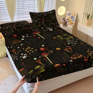 3-Piece Vintage Dark Botanical Mushroom Fitted Sheet Set,1 Fitted Sheet+2 Pillowcases,Soft Cozy Breathable Skin-Friendly,All Season HD Printed Bedding,Retro Forest Floral,Goblincore Cottagecore Decor Gift