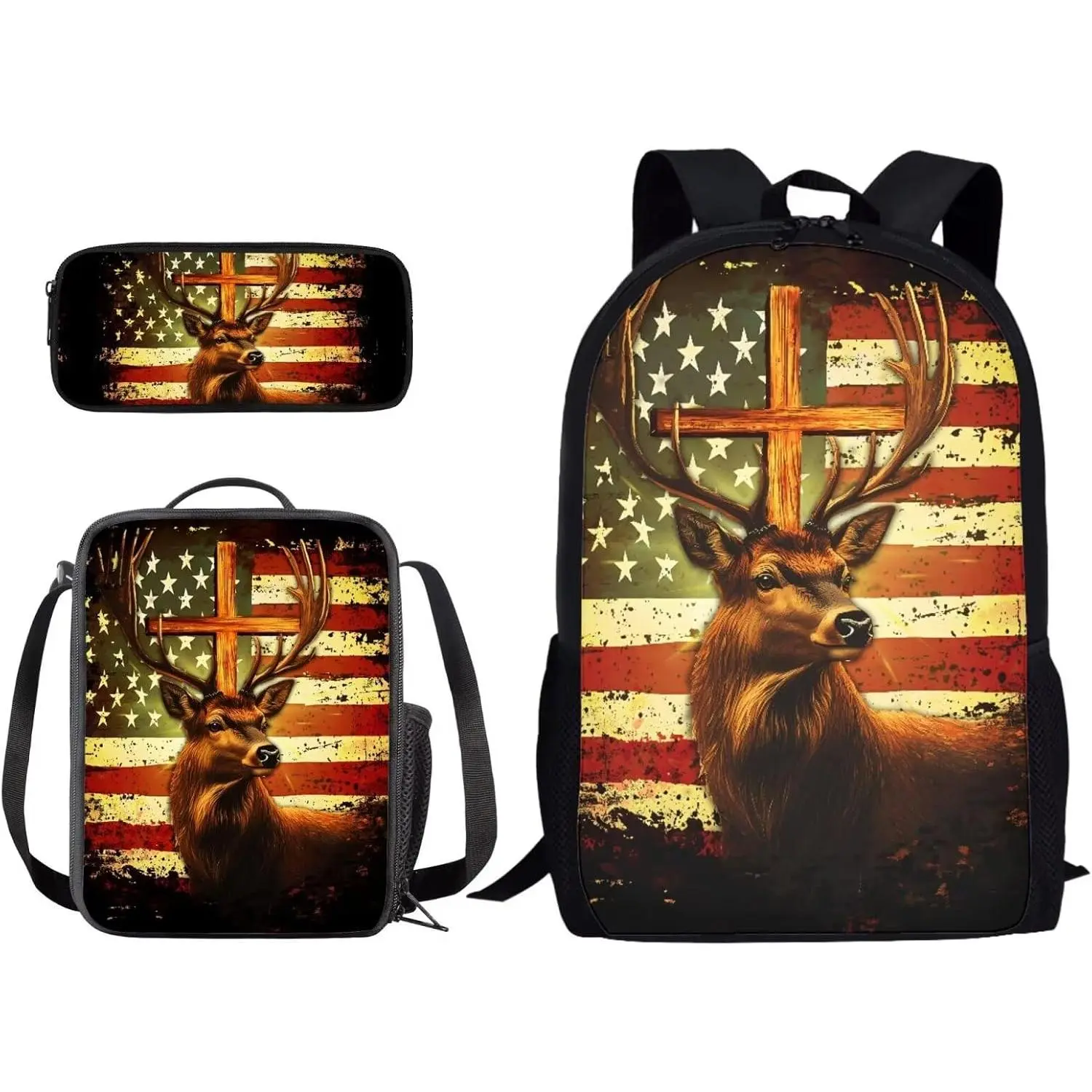 This three-piece backpack and lunchbox set with a deer cross American flag print, featuring a pencil case, is suitable for primary and secondary school students. It is sturdy and durable and can be used as a school bag, backpack, travel laptop bag, or eve