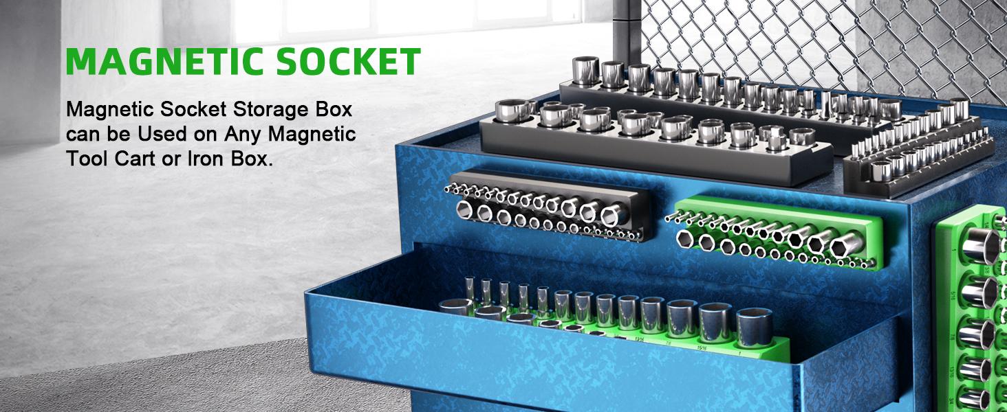 Magnetic Socket Organizer Holder Set For Tool Box Drawer, Toolbox Organization Including 1/4", 3/8" and 1/2" Drive Metric SAE Socket Trays (Sockets are not Included)