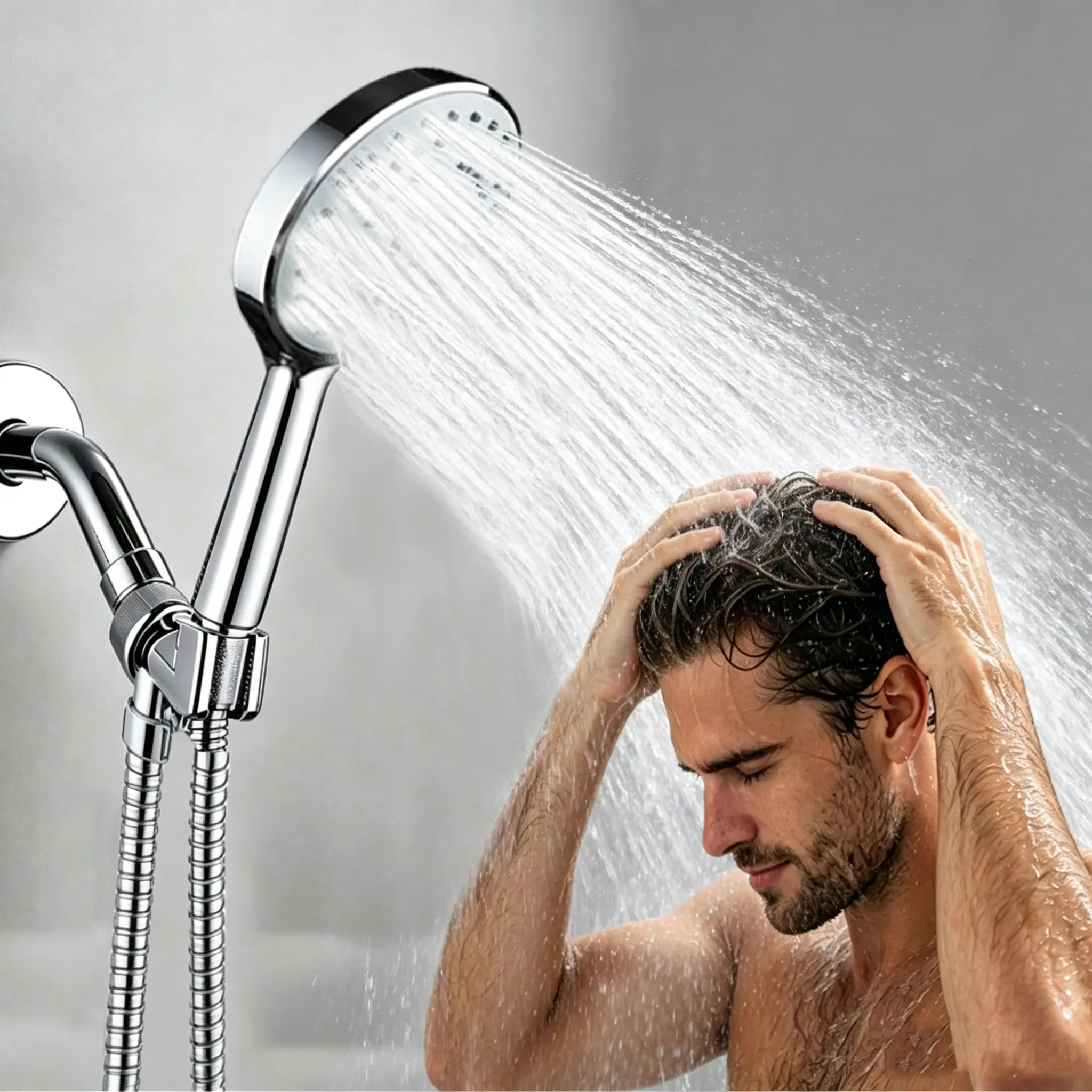 Adjustable Rain Shower Head Set, 3-Mode Handheld Spray Nozzle, Low Water Pressure Compatible, Stainless Steel Hose, Anti-Clog Silicone Tip