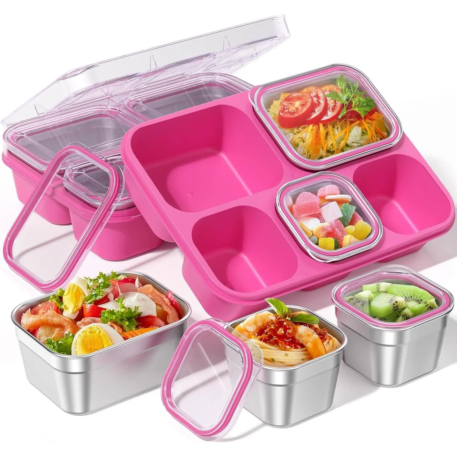 Stainless Steel 5-Compartment Snackle Box Containers with Removable Leakproof Lid, Portable Bento Lunch Boxes for Fruit, Candy, Nuts - School, Picnic Use (Pink), Sturdy