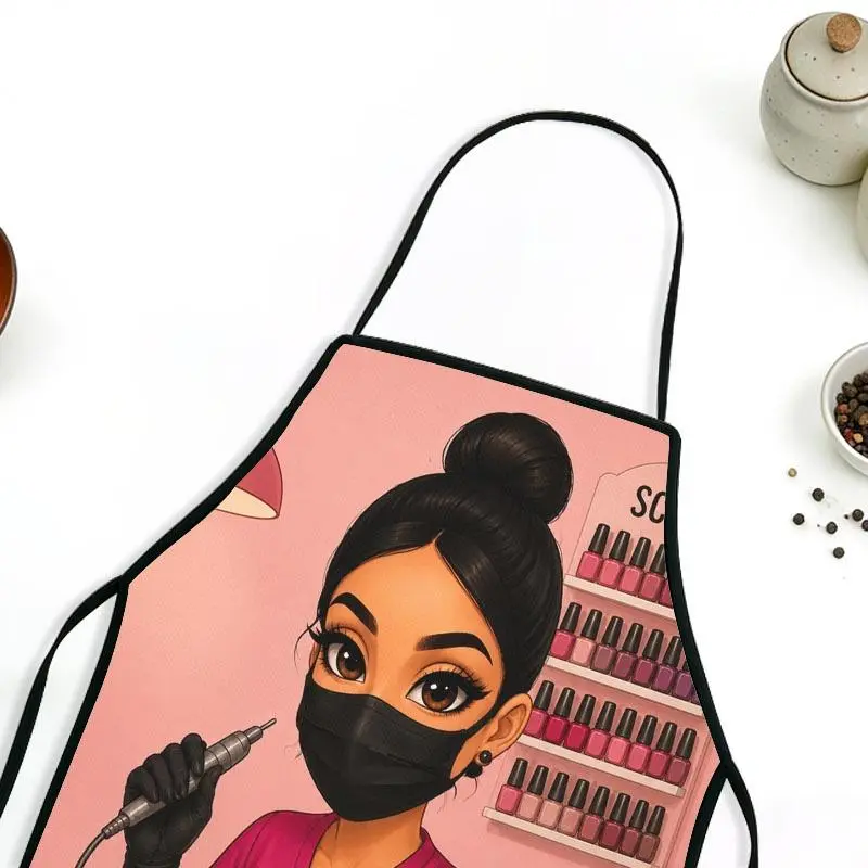 Cartoon Nail Salon Print Apron, Stylized Pink Themed Design with Nail Tech Working Scene, New Style in Multiple Specifications, Perfect for Nail Salon Work & Daily Kitchen Cooking Use