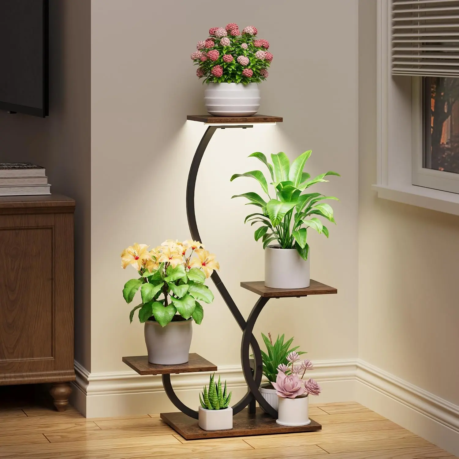 Stand with Grow Lights 4 Tier Metal Indoor  Shelf 32" | S-Shaped Corner  Stands Indoor, Grow Light Dimmable Timer, 17" Spacing, Anti-tip Straps, Easy Setup, Black  Shelves