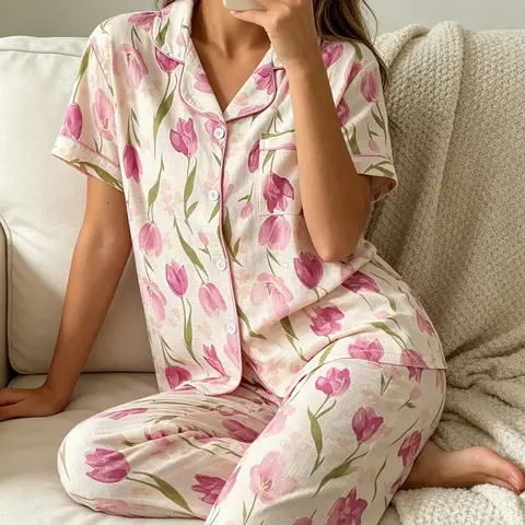 Women's Short Sleeve Button Down Top and Pants Pajama Set, All Season Wear, Casual Loungewear, For Cottagecore Lovers, Cream Base Pink Tulip Floral Print, Classic Lapel Collar, Loose Fit, Comfortable For Vacation & Home, Pj Sets