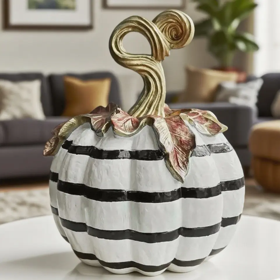 Elegant Hand-Painted Pumpkin Decorative Craft, Striped and Rhombus Designs, Stem, Maple Leaf Sunflower Accents, Fall Halloween Home Décor