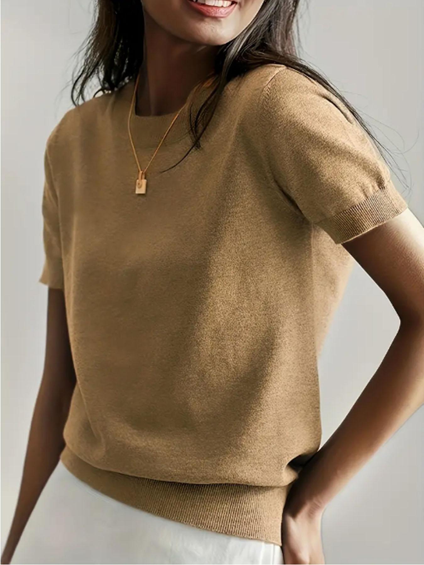 Women's Solid Color Crew Neck Short Sleeve Lightweight Loose Sweater, Casual Basic Minimalist Knit Pullover for Spring & Fall, Fashion Women's Knitwear for Daily Wear, Womenswear Women's Solid Color Crew Neck Short Sleeve Lightweight Loose Sweater, Casual Basic Minimalist Knit Pullover for Spring & Fall, Fashion Women's Knitwear for Daily Wear, Womenswear