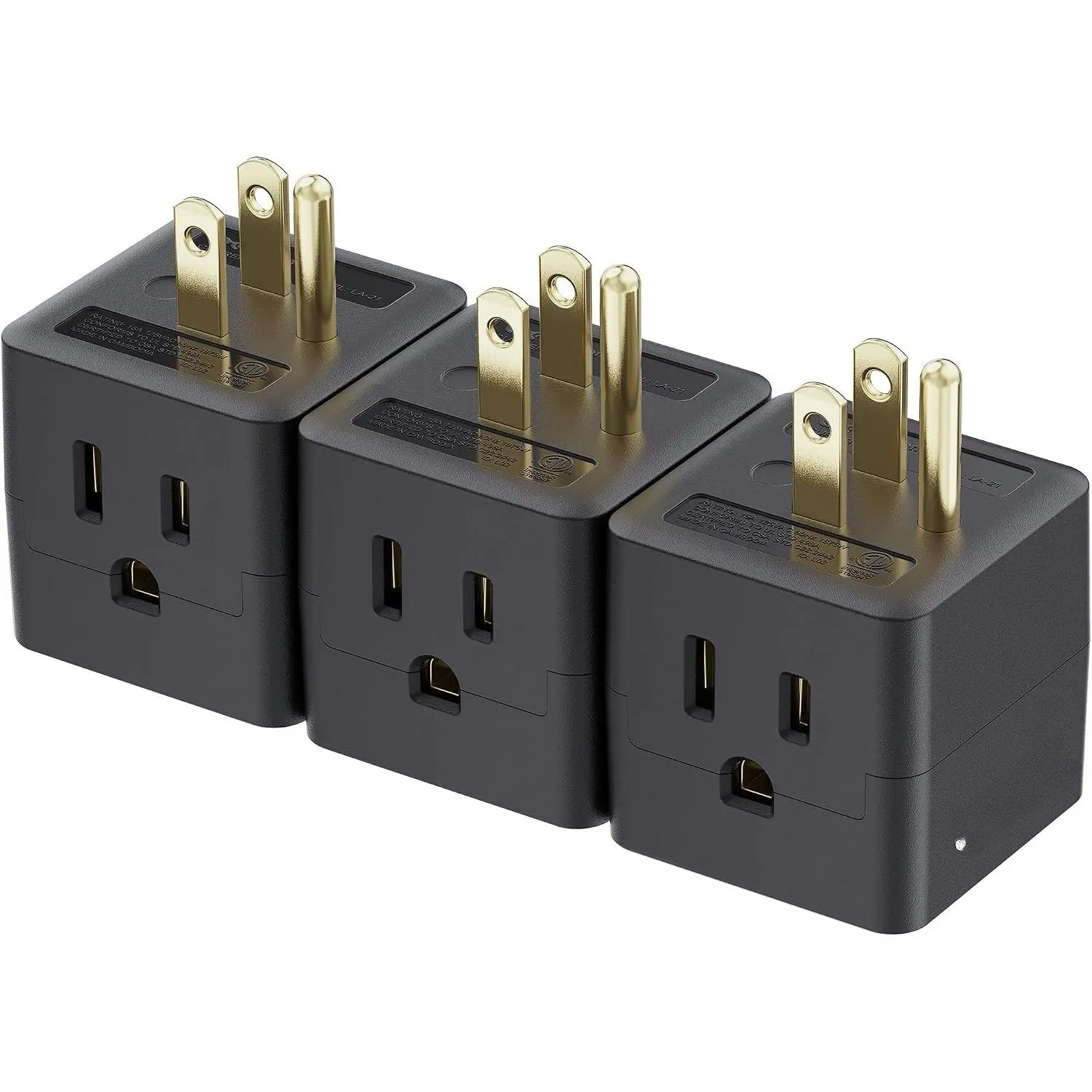 [ETL Listed]  3-Pack 3 Outlet Wall Adapter (Grounded Cube Tap, Outlet Splitter, 3 Way Plug Adapter, 3-Prong Power Splitter), Black