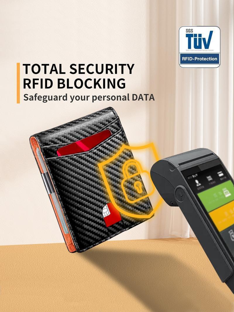 Men's Slim Carbon Fiber Pattern Bifold Wallet with RFID Blocking Money Clip & Multiple Card Slots for Secure Everyday Use