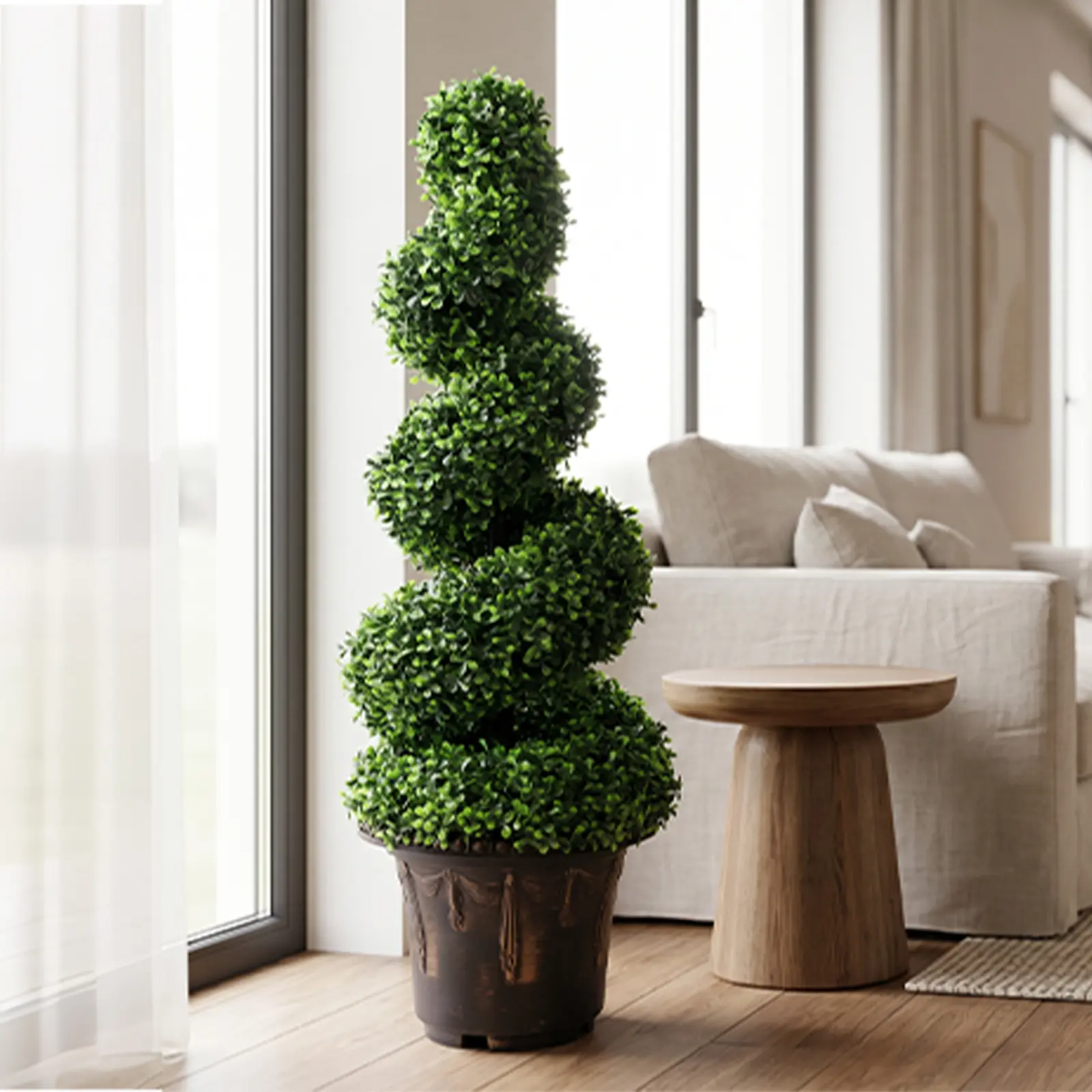 1pcs 3FT Artificial Spiral Topiary Trees, Realistic Boxwood Trees, Evergreen PE Faux Plants with Durable Pot, Outdoor & Indoor Year-Round Garden, Patio, Porch, Home Entryway Decor