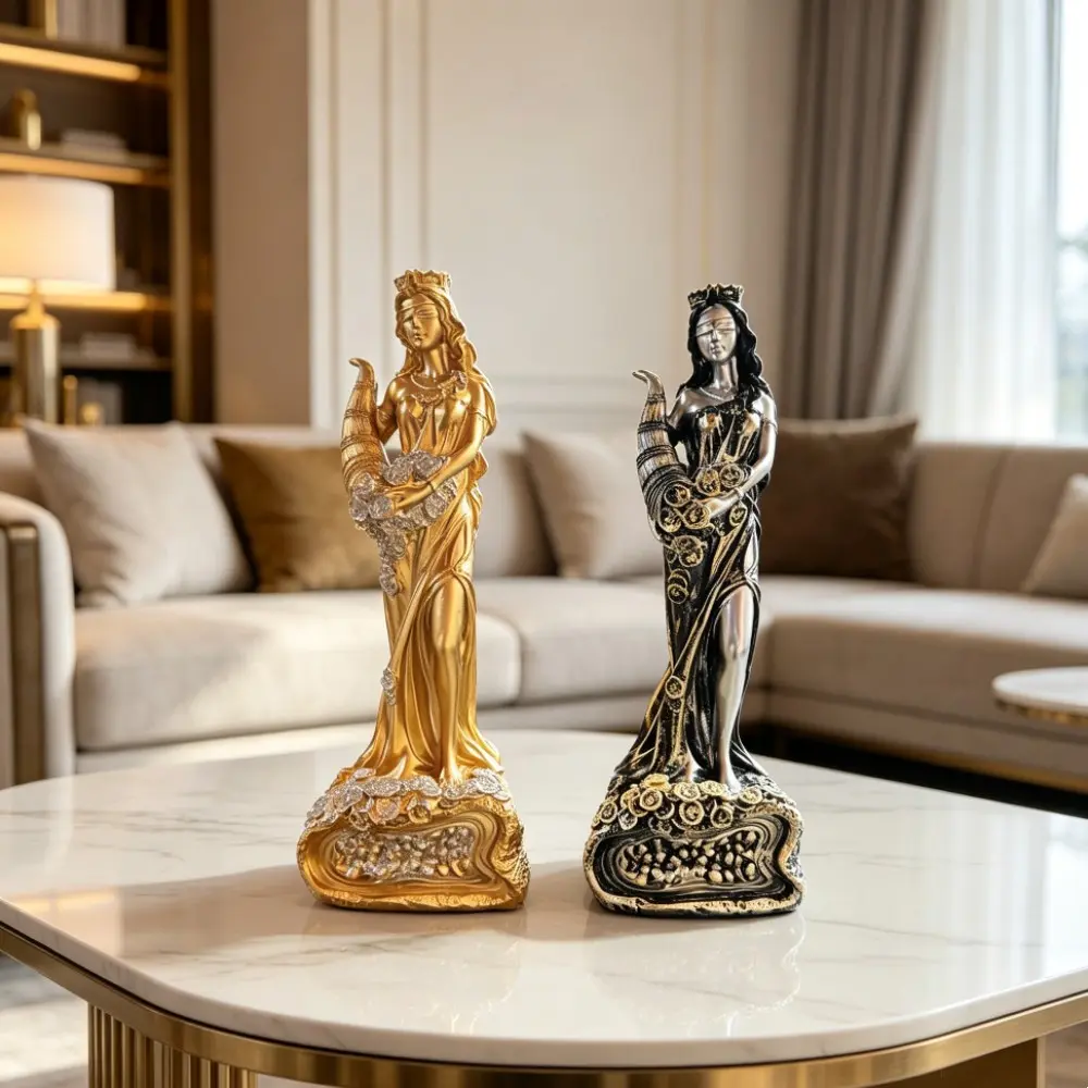 Wealth Goddess Statue Decor, Classic Masked Goddess Sculpture with Abundant Horns, Resin Material, Vintage Luxury Antique Design, or Silver