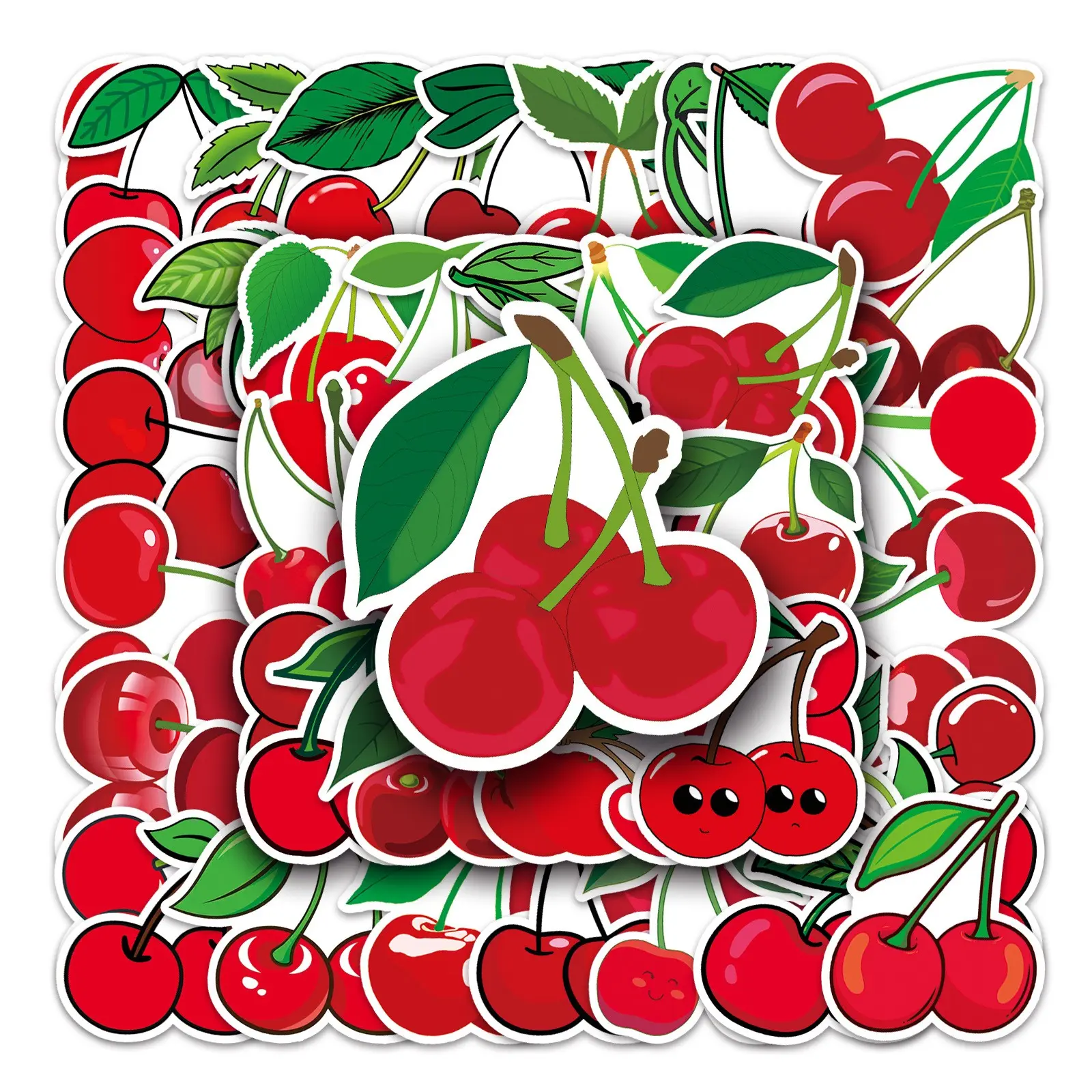 50 Sweet Cherry Stickers, 1.96-3.15 Inches, Cartoon Fruit Decorative Stickers, Self-Adhesive, for Phone, Notebook, Bakery, Fruit Theme Decoration
