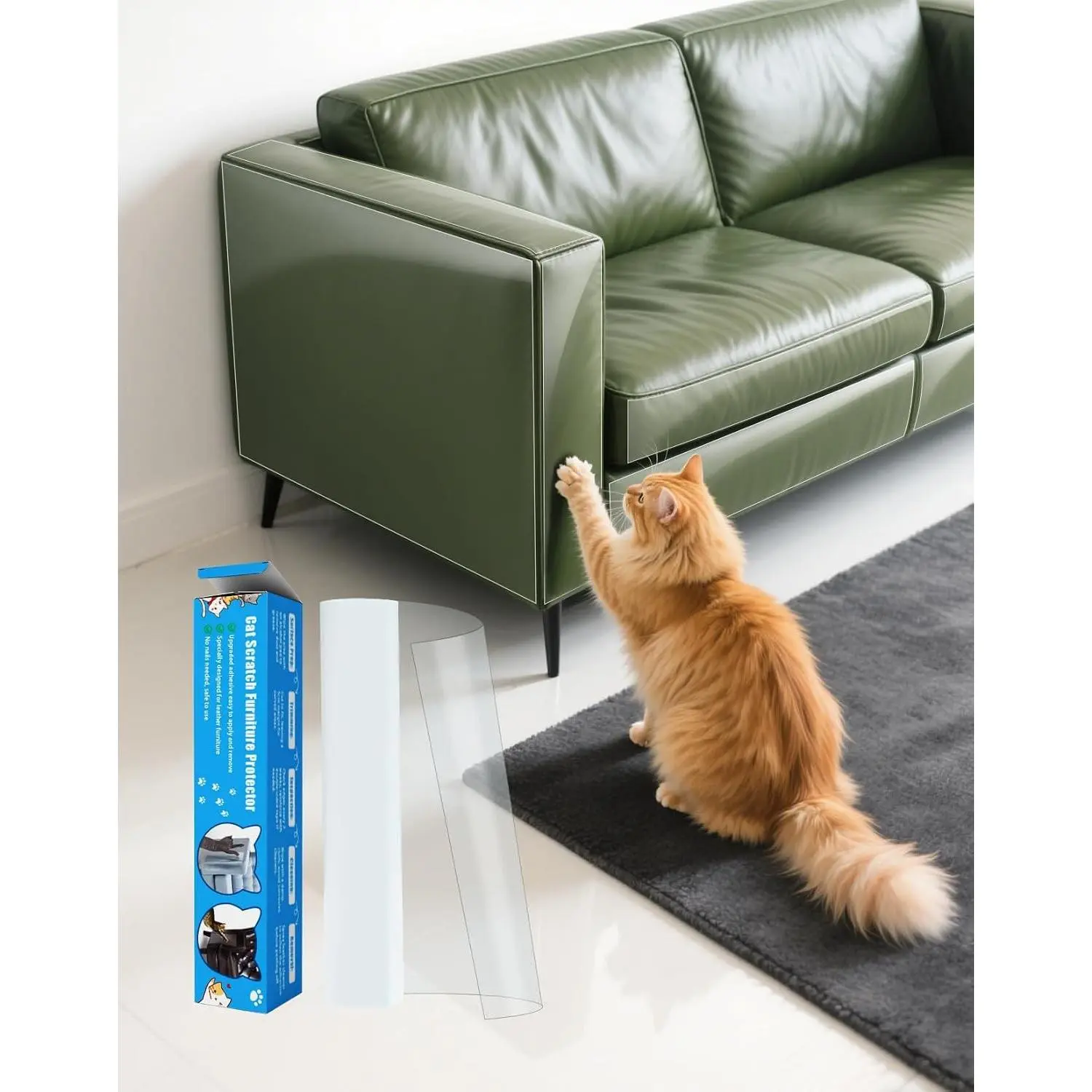 Cat Scratch Furniture Protector - Design for Leather Couch, 157"x11.8" Clear Couch Protector from Cat Claws, Thickened Anti-Scratch Adhesive Roll, Cuttable & Residue-Free, No Pins