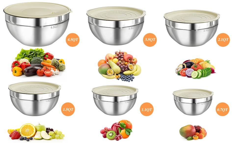 Mixing Bowls with Lids Set, 6 PCS Stainless Steel Mixing Bowls with 3 Grater Attachments, Kitchen Food Storage Organizers Nesting Mixing Bowl, Large Size 4.5, 3.5, 2.1, 1.5, 1.1, 0.7QT