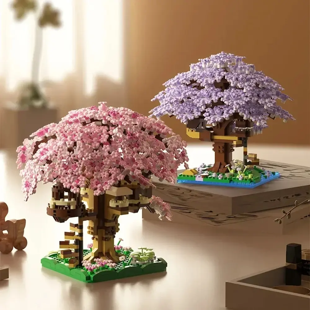 Romantic Purple Pink Cherry Blossom Tree House Building Blocks Set DIY Assembly Miniature Flower Bricks Model Gift for Kids