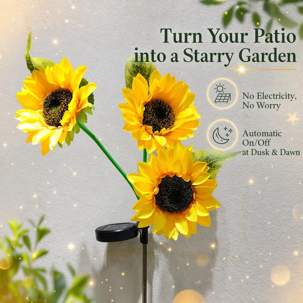 3-Head Sunflower Solar Powered Garden Light, Warm White, Waterproof, Frost & Heat Resistant, Easy Ground Stake Installation, for Patio, Yard, Pathway Decoration, Solar Powered Lights