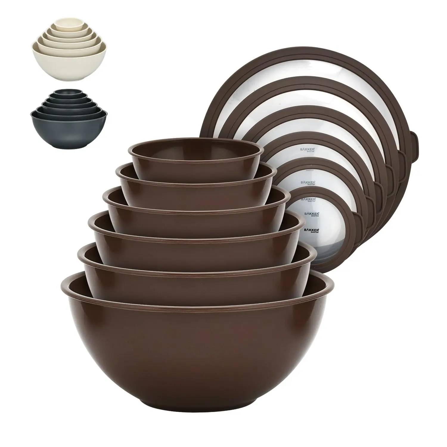 12 Piece Plastic Nesting Bowls with Lids - Mixing Bowls Set includes 6 Prep Bowls and 6 Lids, BPA-Free, Reusable Meal Prep Containers, Microwave, Freezer & Dishwasher Safe, Brown