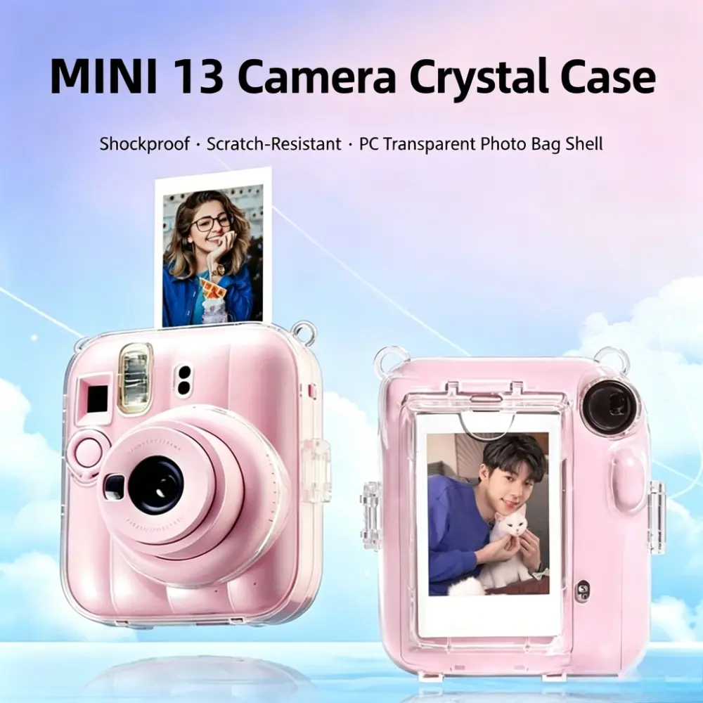 Cute Accessory Bundle Fit Instax Mini 13 Cameras, Transparent PC Protective Cover + Adjustable Printed Strap + Decor Stickers, Case Only