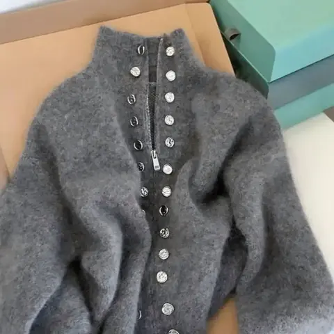 【Black Friday】Women's Elegant Chic High Neck Knitted Cardigan, Fashion Fitted Long Sleeve Cardigan, Ribbed Design, Faux Button Detail, Perfect for Spring & Fall, Fashion Knitwear