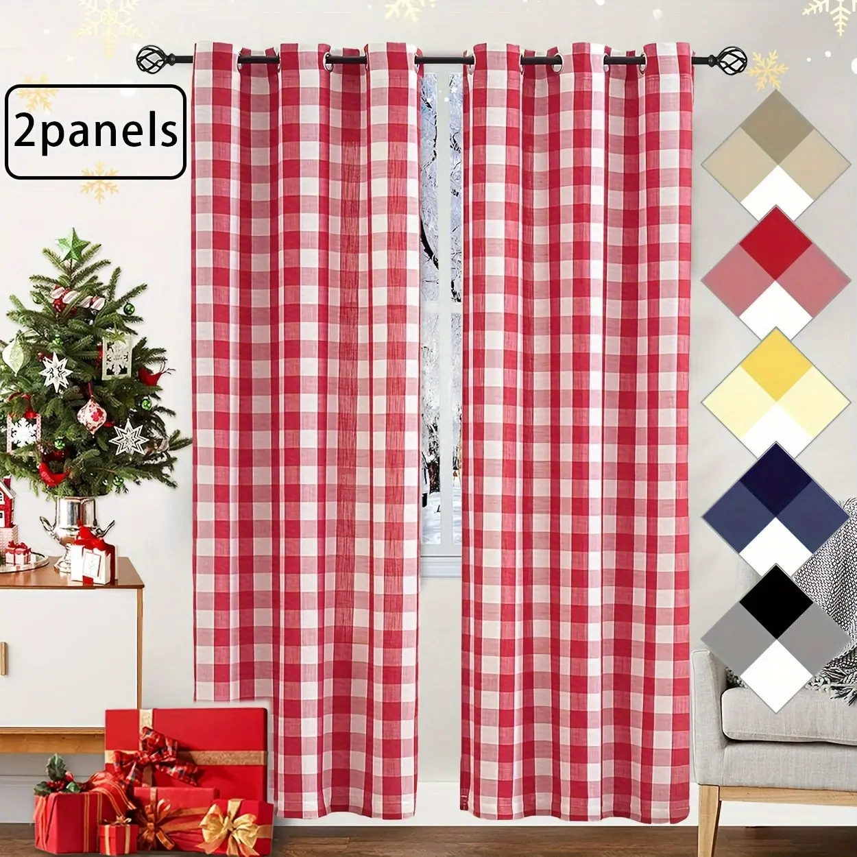 2 Panels Plaid Semi-Blackout Curtains, Rustic Farmhouse Style Home Decor, Ready Made Curtains, Living Room, Bedroom, Balcony, Bay Window, Study Grommet Curtain, Home Decorative Curtain