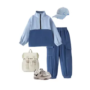 Two-piece School Outfit for Girls, Sky Blue Jacket with Pockets + Blue Trousers, Simple Casual School Set