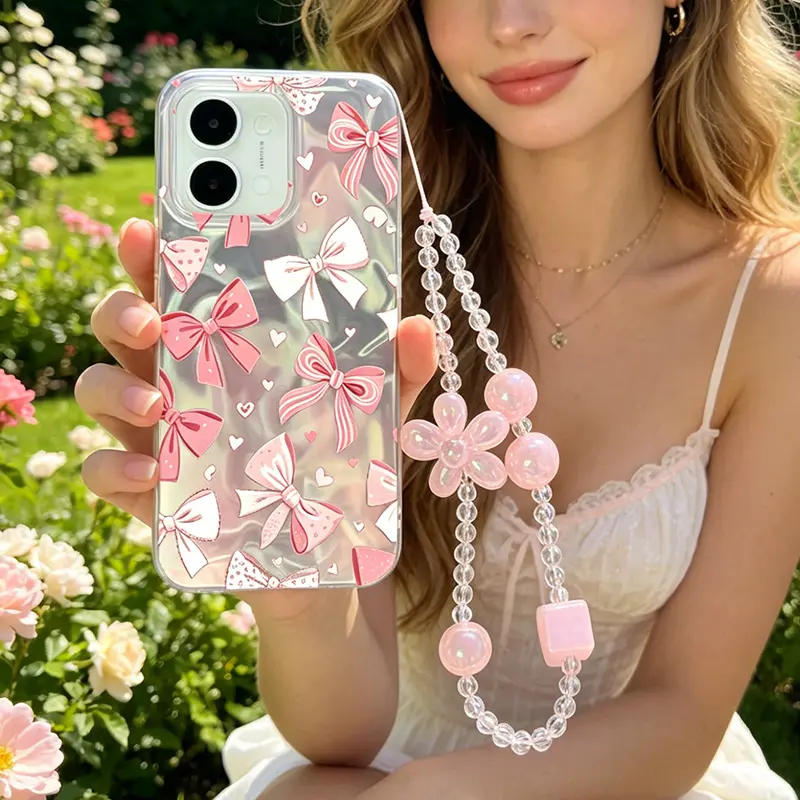 Laser Water Ripple Pink Bow Phone Case with Pink Flower Chain For Realme C53 C51 C55 C75 C75X C61 C85 C63 C12 C25 C25S C15 C71 15T 15 14 Pro 14T Note 80 70 70T 60 60X Reno 15C 15 14 13 FS 10 Pro 11 12 12F 13F 14F 15F 5 6 7 Lite Back Cover