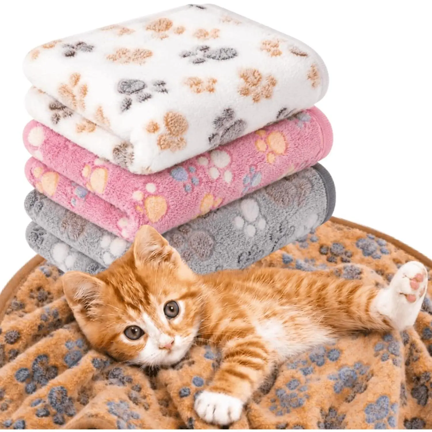 1 Pack 4 Kitten Blankets for Indoor Kittens, Washable Fleece Cat Blankets, Small 24x16 Inch White Brown Pink Gray Soft Calming Throw for Nursing & Suckling Ideal for Kitty Crate or Carrier
