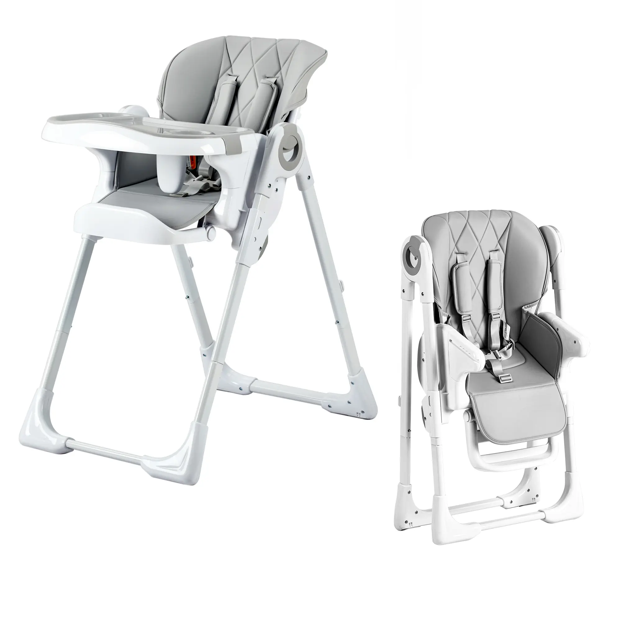 Collapsible Baby High Chair - Adjustable Height & Recline - Removable Double Tray - Easy Clean PU Leather Seat - Feeding Chair for Babies & Toddlers 6-36 Months - Grey/Dark Gray