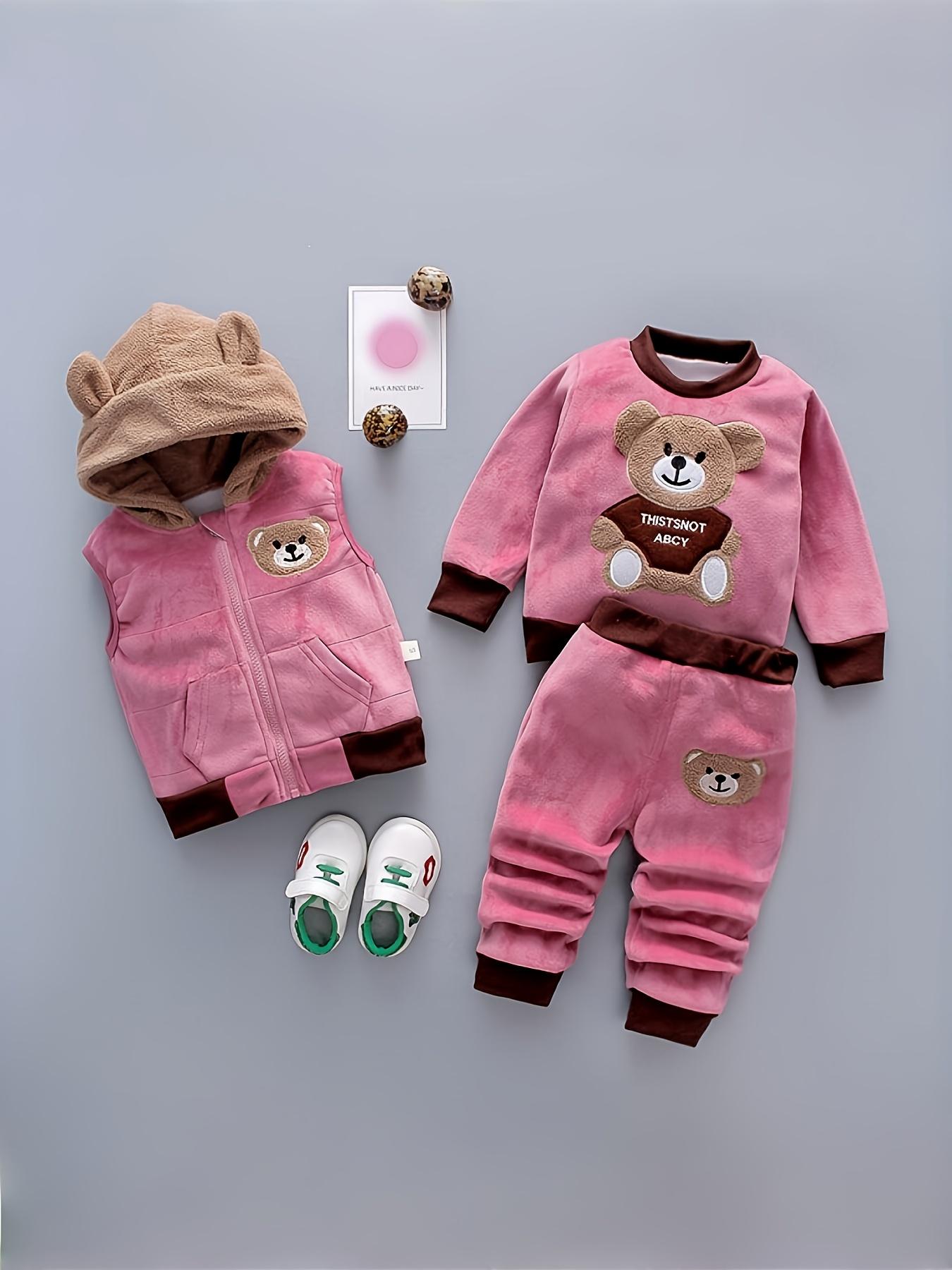 [Winter Bear Set] 3pcs Girls' Winter Bear  Set - Hooded Vest & Pants with Bear Face Hoodie, Thickened Pink & Brown Outfit, Cozy Full Ensemble for Playtime, Christmas & Casual Attire (Easy-Care Baby Clothes), Perfect for Outdoor