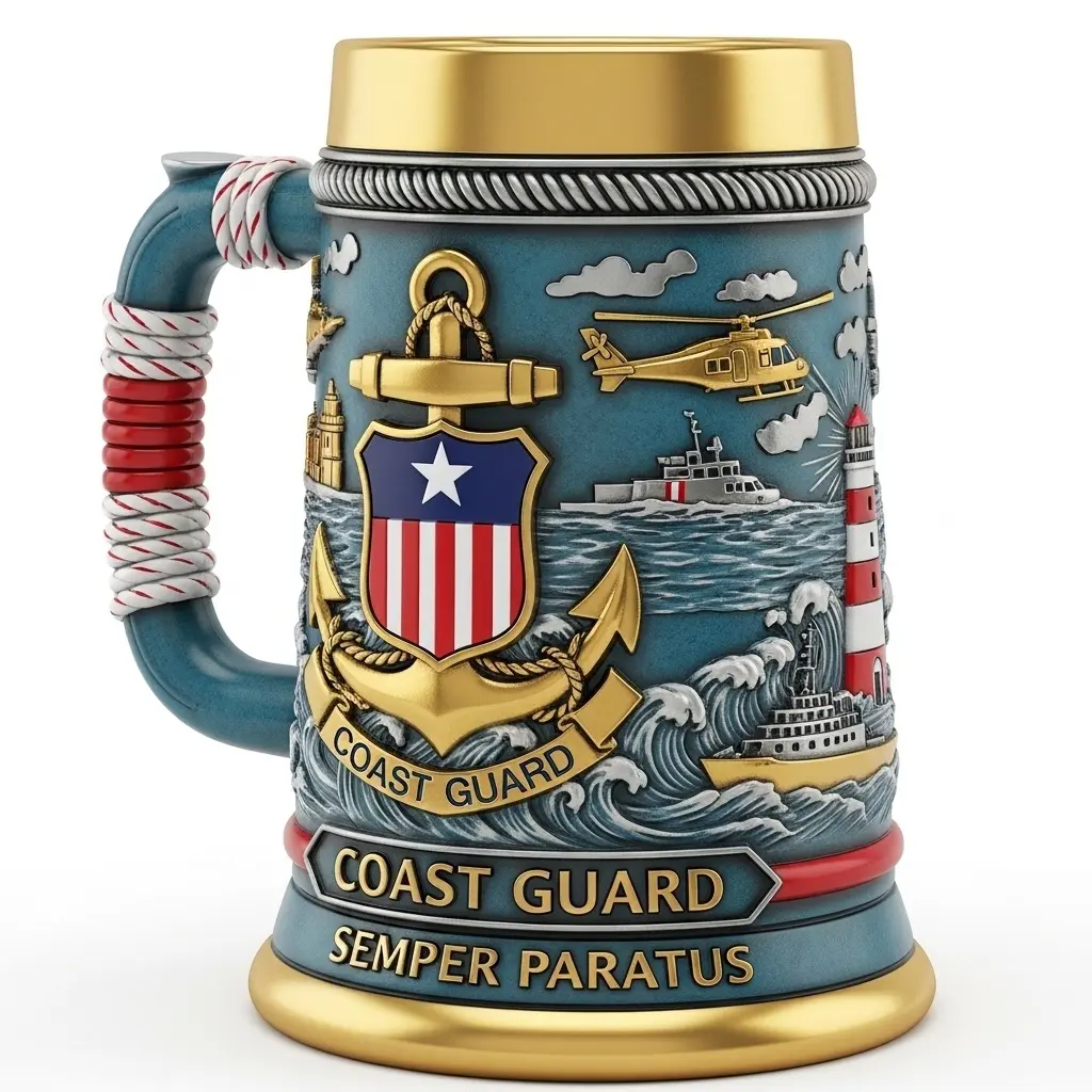 U.S. Coast Guard 3D Beer Stein Mug - Handcrafted Military Resin Tankard with Stainless Steel Liner, Veteran Gift