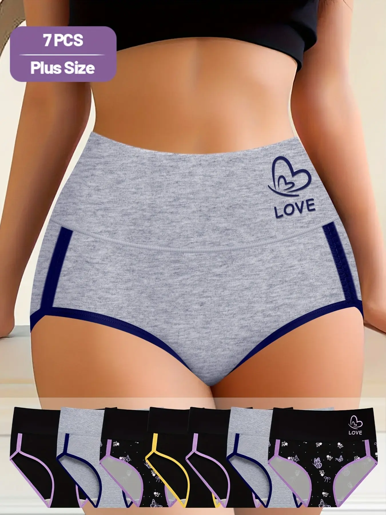 7-Pack Plus Size Knickers, Romantic Heart & Butterfly Theme, Full Coverage, No-Roll Waist, Slim-Fitting, Casual Underwear for Curvy Women, Panties