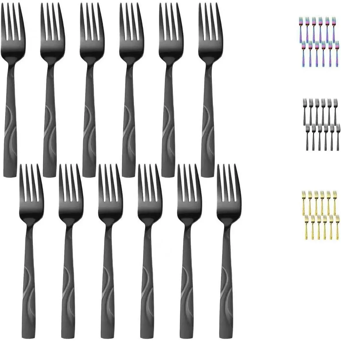 12-Piece Black Stainless Steel Salad Fork Cutlery Set, 7.1in Unique Satin-Finished Handle Dessert Forks - Dishwasher Safe