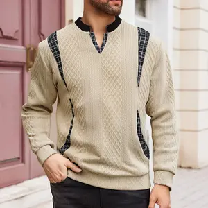 Men's Plaid Color Block Mock Neck Jacquard Henley Sweatshirt - Longsleeves, Menswear, Thermal, Casual Fit, Cozy, Vintage, Fall/Winter Wardrobe, Streetwear, Going Out Outfit, Basic Outdoor Pullover, Gift-Worthy Male Clothing