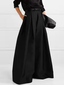 Women's Solid Plicated High Waist Wide Leg Pants, Casual Comfy Pocket Trousers for Daily Wear, Ladies Bottoms for All Seasons