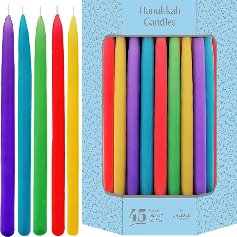Deluxe Tapered Hanukkah Candles for All 8 Nights of Chanukah Muted Rainbow 1-Hour Burn Time