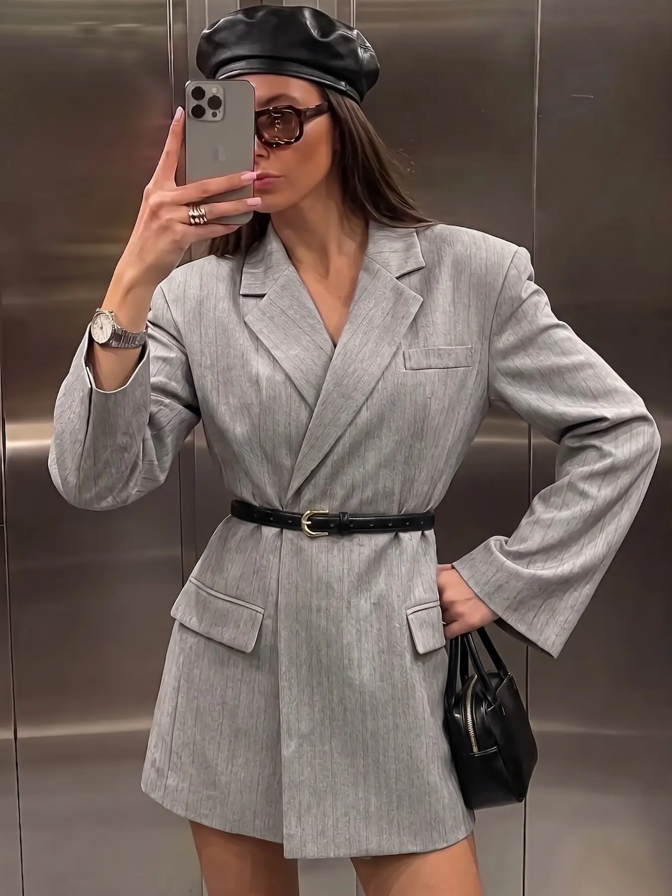 Women's Lapel Long Sleeve Pinstripe Blazer Mini Dress, Belted Wrap Bodycon Office Business Suit Dress, Stylish Professional  Women Office Elegant Short Blazer Dress  No Belt Included