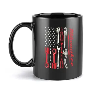 Tools USA Flag Patriotic Coffee Mug 11oz 15oz Black Ceramic Cup, Ideal Pick for Mechanics Electricians Tradesmen Tool Fans Dads Who Love Building & Fixing, Sturdy Drinkware for Workshop Garage