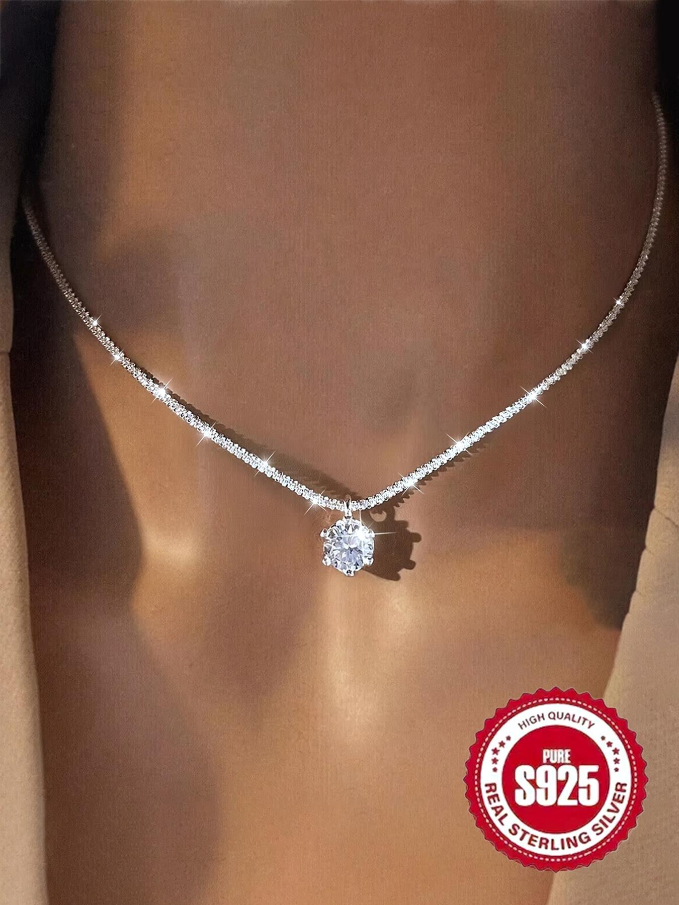 S925 Sterling Silver Artificial Zircon Decor Necklace for Women, Fashion Jewelry for Party, Daily Decor, Trendy All-match & Exquisite Jewelry for Birthday Gift, Cubic Zirconia Necklaces