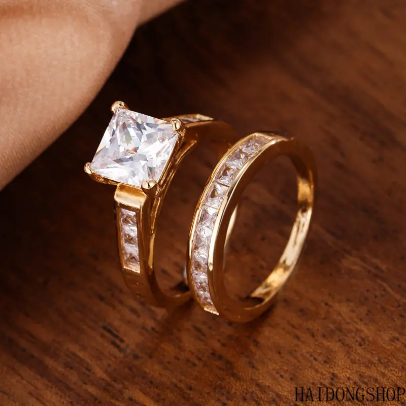 2‑Pcs Gold‑Tone Princess Cut Matching Ring Set for Women & Teen Girls, Romantic Promise & Engagement Stackable Finger Jewelry, Timeless Sentimental Marriage‑Theme Keepsake Design, Nickel‑Free Hypoallergenic Tarnish‑Resistant Polished Alloy, Versatile Ring
