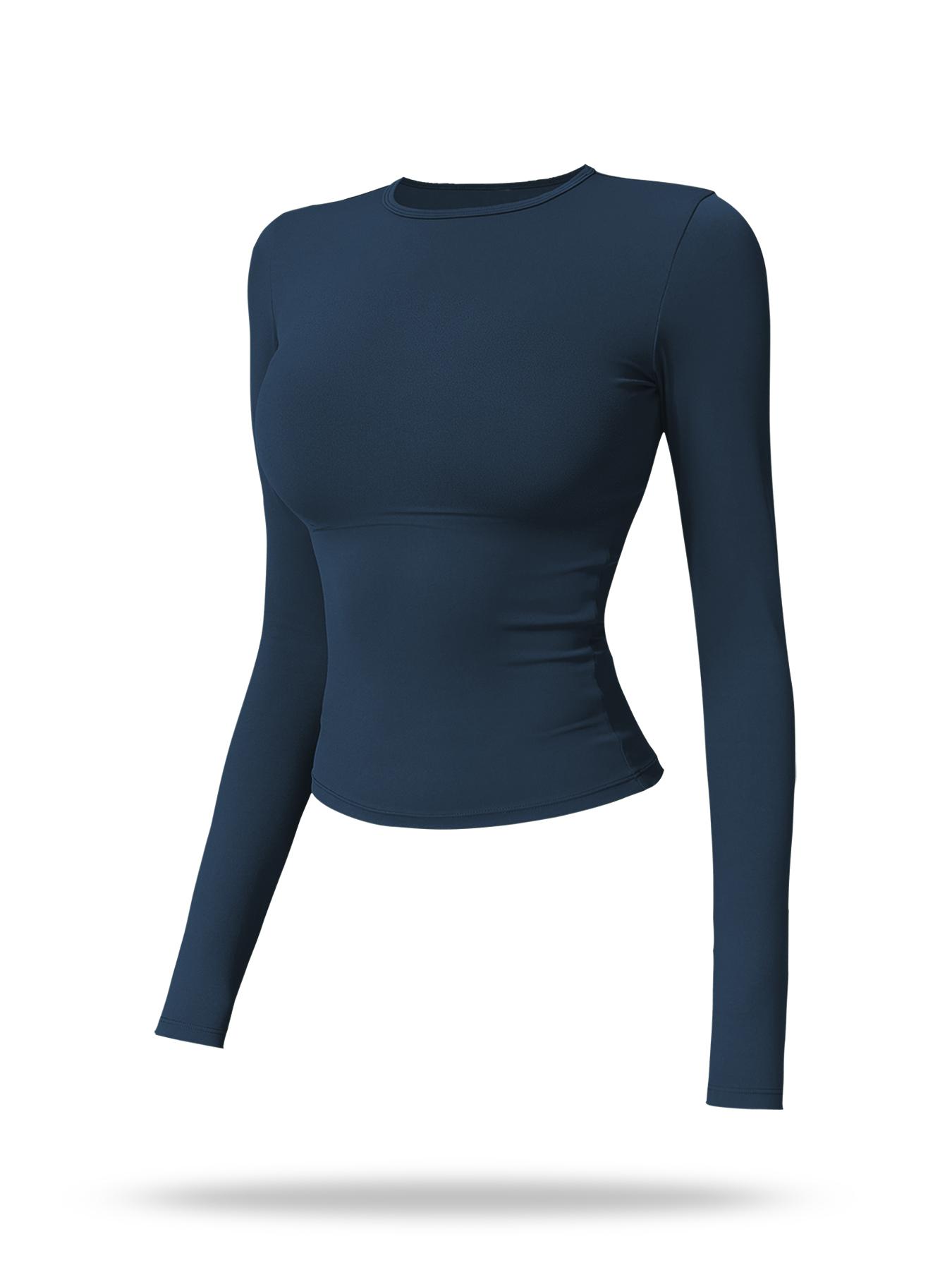 Women's Solid Long Sleeve Sports Tee, Sporty Round Neck T-shirt for Yoga Gym Workout Running, Ladies Sportswear for Spring & Fall, Gym Performance Top