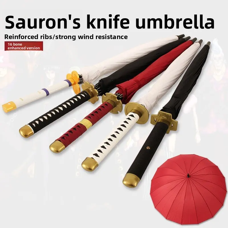 Katana Shaped 16-Rib Windproof Long Handle Umbrella, One Piece Zoro Anime Cosplay Prop, Sun & Rain Dual Use Decorative Gift for Fans