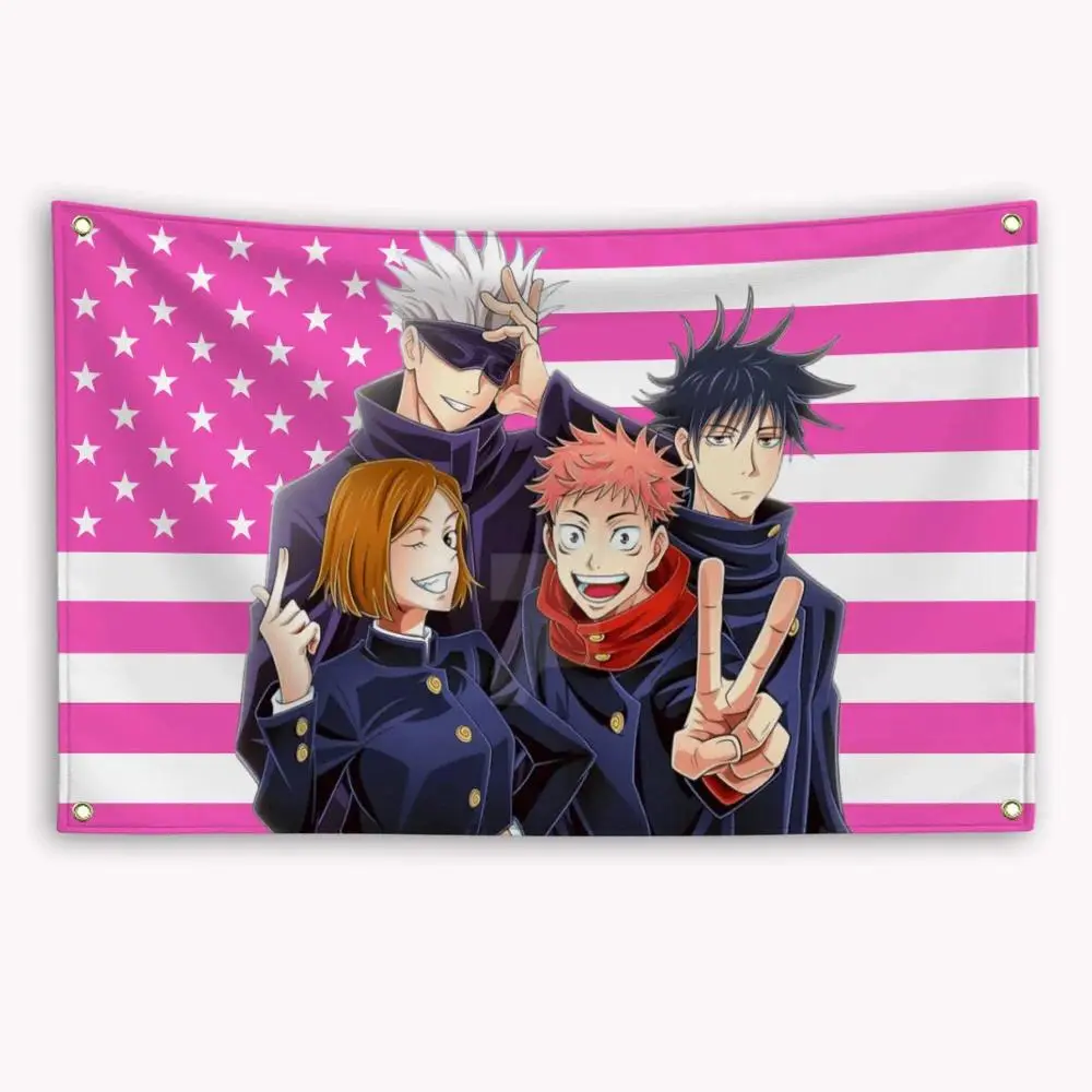 Gojo Satoru Pink American Flag Tapestry, Jujutsu Kaisen Anime Wall Decor Banner, Funny Meme College Dorm Flag, Trendy Y2K Girls Room Aesthetic, Anime Club Party Prop